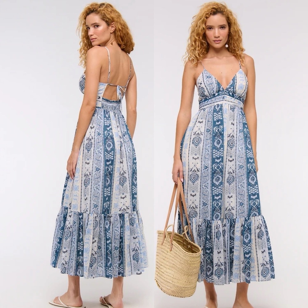Abercrombie & Fitch Sz MT Blue Bra-Free V Neck Flowy Tiered Tie Back Maxi Dress